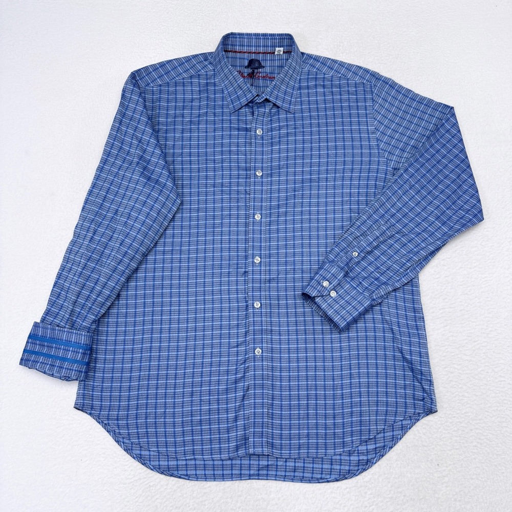Robert Graham Shirt Men's Size XL Classic Fit Blue Check Flip Cuff Buttom Down